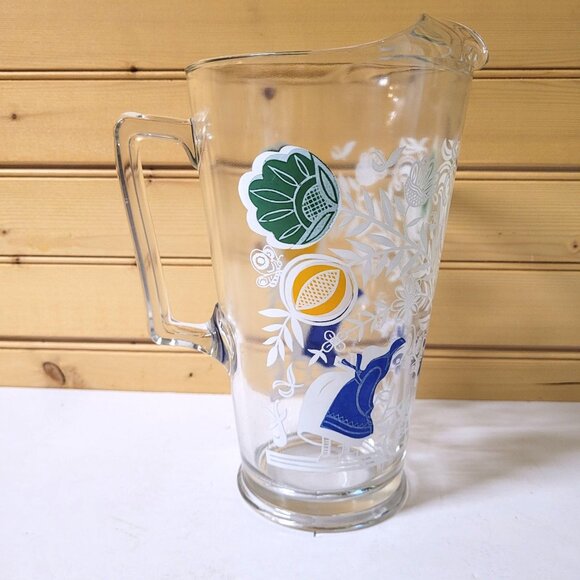 Pitcher Painted Dutch Girl 9' Clear Glass Heavy Water Flower Garden 1950 MCM - Picture 3 of 6